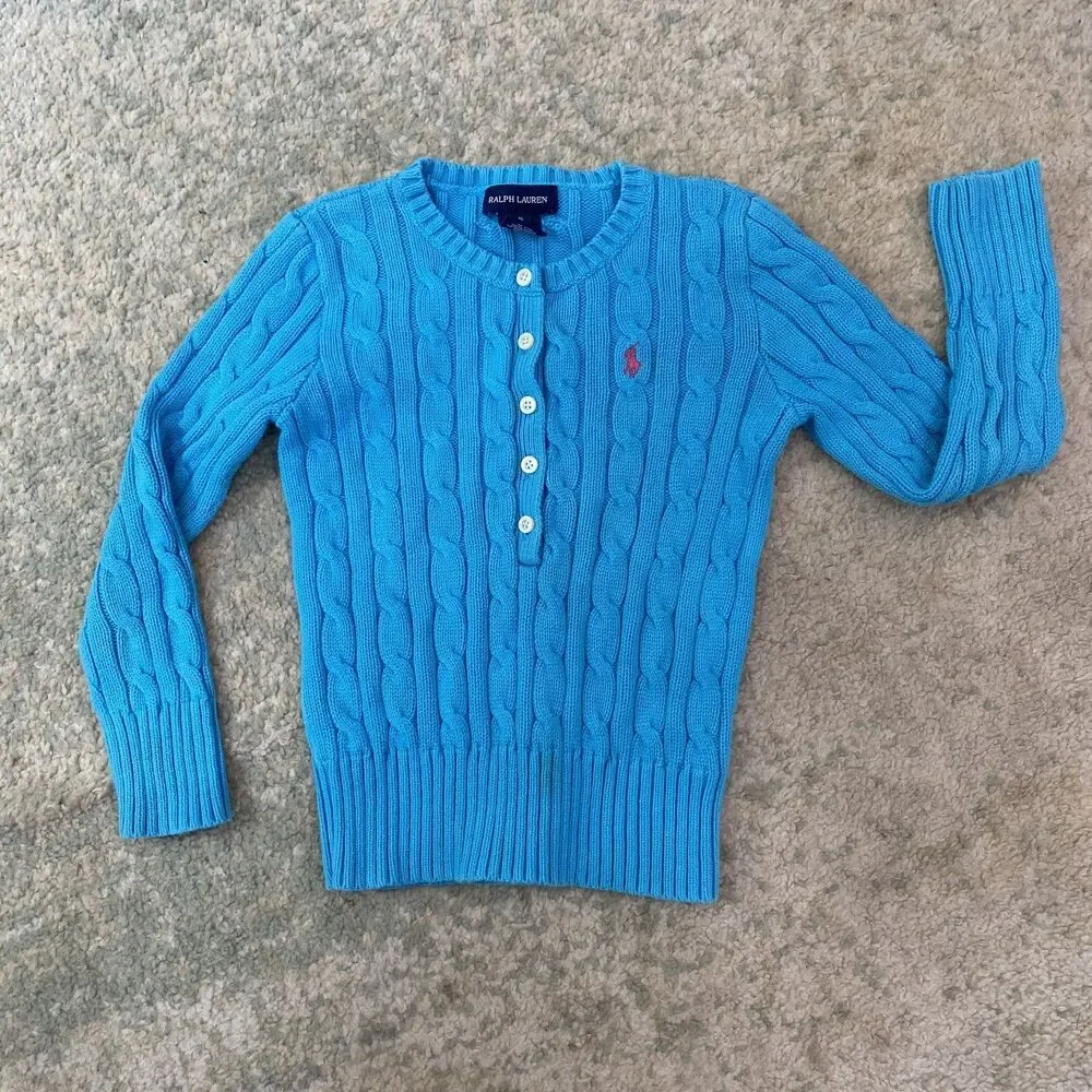 Ralph Lauren Sweater | Youth Kids Size 5 | Cotton Knit Buttons Pink Pony